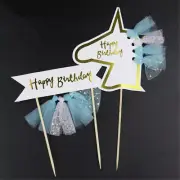 HAPPY BIRTHDAY UNICORN CAKE TOPPER PASTEL BLUE WHITE GIRL BABY SHOWER PARTY PICK