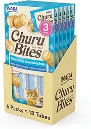 INABA Churu Bites for Cats, Soft Baked Chicken Churu Filled Cat Treats with Green Tea Extract, 10g Each Tube, 18 Tubes Total (3 per Pack), Tuna with Scallop Recipe