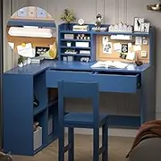 NKUGCFC Kids Desk and Chair Set, 41" x 31" Blue Study Desk with LED Lights, Storage Drawers & Bulletin Board, Corner Desk for 5-12 Year Old Boys Girls