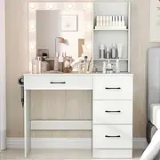 Giantex Makeup Vanity Desk with Mirror and Lights, Dressing Table with Charging Station, 3-Color LED Lights, Hair Dryer Rack, Drawers and Open Storage Shelves, White