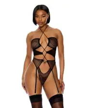 Forplay Pull My Strings Sheer Mesh Halterneck Teddy Black