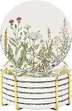 FYSUIMU 6Pcs Spring Wildflower Coaster Vintage Floral Ceramic Coaster Green Absorbent Cup Mat for Home Kitchen Party Table Decor