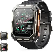 [XIULIUU] 1.83" Military Smart Watches for Men with Bluetooth Call, Activity Tracker with 123 Sports Modes, IP68 Waterproof, Men's Smartwatch with Heart Rate Blood Pressure AI Voice Assistant (Gold)