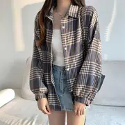 Puff-Sleeve Plaid Button-Up Shirt / Plain Camisole Top Shirt - Normal - Plaid - Blue - One Size