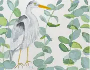 PAINTING WATERCOLOR 11X14 DOUBLE MAT 16X20 HERON BIRD EUCALYPTUS LEAVES ORIGINAL
