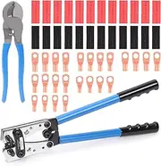 Wokape 50Pcs Battery Cable Wire Lug Crimping Tool Kit, Cable Cutter with 24Pcs 6 Types of Tubular Ring Terminal Connectors, and 24Pcs of Dual Wall Adhesive Heat Shrink Tubing, for AWG 8-1/0 terminals