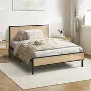 Oikiture Single Bed Base with Rattan Headboard and Steel Slat Single Bed Frame Mattress Platform Black