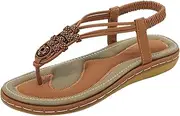 [Generic] Women's Summer Bohemian T-Strap Open Toe Sandals Braided Flat Casual Slippers Ladies Ankle Elastic Thong Beach Flip Flops (Brown 02 4.5 UK)