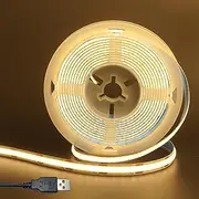 [Clearhill] 5V 8mm Width USB COB LED Strip Lights,Warm White 3000K,320LEDs/M,8W/M,CRI90,6.56FT/2M,Electroplated Double-Sided Panel Light Strip,Waterproof IP20,Flexible Strip for Indoor Decoration