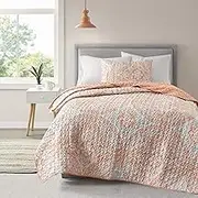 Comfort Spaces Reversible Quilt Set-Double Sided Vermicelli Stitching Design All Season, Lightweight, Coverlet Bedspread Bedding, Matching Shams, Twin/Twin XL(66"x90"), Gloria, Damask Coral 2 Piece