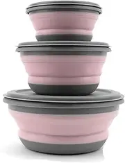 Huntoshon Collapsible Bowls, 3pcs Food Grade Silicone Camping Bowl Salad Bowl with lids, Portable Expandable Lunch Box Food Storage Container for Camping Travel and Picnic (Pink)