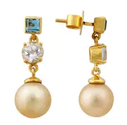 Golden South Sea Pearl with Blue Topaz & White Topaz Stones Blaxland Drop Earrings 9.5 - 10.5 MM