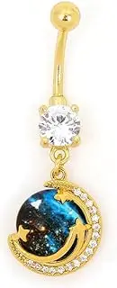 [Niaspi] 14G Starry Sky Moon Dangle Belly Button Ring 14K Gold Plated Surgical Steel Belly Navel Rings Belly Curved Barbell Hypoallergenic Belly Piercing Jewelry for Women, Large, Stainless Steel, no