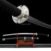 Japanese Tachi Folded Steel Black Sword Samurai With Bohi Blade Full Tang Sharp.