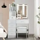 Vanity Desk White Dressing Table Set With Stool 6 Drawers and LED Lighted Mirror