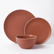 Cadence & Co. Maze 12-Piece Ribbed Dinner Set Matte Glaze Terracotta & White