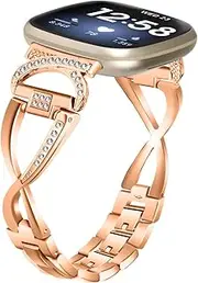 Compatible with Fitbit Versa 4 Bands Women, Adjustable Breathable style Stainless steel metal with diamonds Bands Compatible with Fitbit Versa 3 bands Women