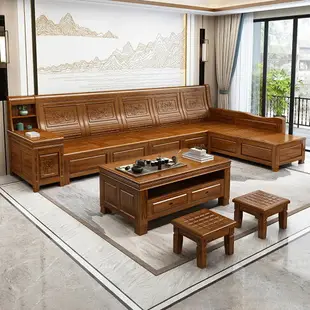 香樟木全實木沙發組合新中式仿古典雕花轉角貴妃客廳儲物木質家具