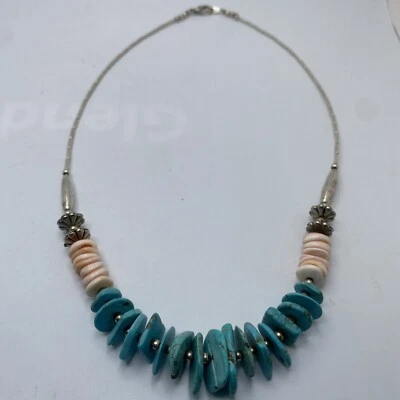 Handmade Navajo Native American Turquoise & Pink Coral Heishi Necklace