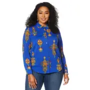 Motto Stretch Chiffon Printed Button-Front Shirt Royal Blue 18W #657663 HSN