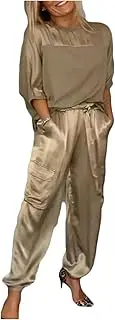 [Legou] Women’s Smooth Satin Outfit Half Sleeve Top Casual Pant Jogger Lounge Two-Piece Set