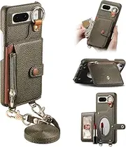 Durable Removable Crossbody Wallet Phone Case for Google Pixel 8A, Zippered Purse,Ring Holder,Integrated Mirror,Card Slot,Multi-Angle Stand in Elegant Pebbled Leather Cover(Light Green)