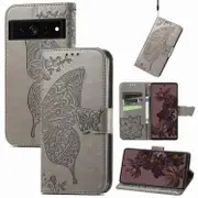 For Google Pixel 7 Case, Butterfly Embossed PU Leather Wallet Folio Cover, Stand, Grey