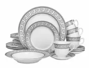 20 Piece Platinum Greek Key Bone China Dinner Serving Dish Set for 4 - White