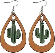 [Fuqimanman2020] Lovely Green Cactus Dangle Earrings Wood Hollowed Out Coconut Tree Earrings Hollow Western Plant Earrings Summer Beach Jewelry Gifts