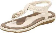 [Generic] Women's Summer Bohemian T-Strap Open Toe Sandals Braided Flat Casual Slippers Ladies Ankle Elastic Thong Beach Flip Flops (Beige 01 6.5 UK)