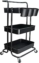 Freletry 3 Tier Utility Rolling Cart Storage Organizer Shelf Multifunction Rack with 3PCS Hanging Cups for Home Office Kitchen Bathroom Store (Black)