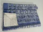 Indian Kantha Cotton Hand Block Print Blue Floral Handmade Blanket 90x108 inch