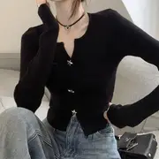 Long-Sleeve Notch Neck Plain Star Button Crop Knit Top Black - S