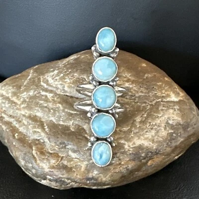 WoMens Cluster Blue Larimar Navajo Sterling Silver Ring Size 7.5 17556
