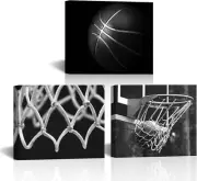 3 Panels Black and White Basketball Canvas Wall Art Basketball Hoop Basketball N