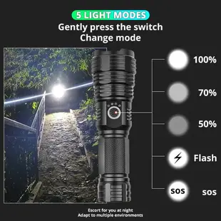 超亮XHP70.2 LED戰術手電筒XHP70 XHP50 5種模式可變焦露營防水狩獵燈使用18650 26650電池