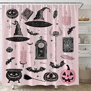 YSATNSFT Spooky Halloween Shower Curtain Vintage Black Alchemy Creepy Magic World Witch Hat Pumpkin Bats Witchcraft Gothic Fabric Bathroom Decor Set with Hooks,(70" WX70 H)