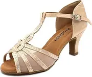 [Prodrelo] Women's Mesh Dance Shoes,Nude Satin Salsa Latin Swing Ballroom Shoes with Rhinestones,T-Strap,Open-Toe,for Ball/Wedding/Party/Formal