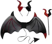 3 Piece Red & Black Devil Wings Set Halloween Party COS Costume Masquerade Suit with Wings, Pitchfork and Devil Horn Hoop Suitable for Both Adults and Children (Red & Black)