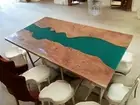 Custom Green Epoxy Resin Dining Table Top Walnut Wood Acacia Centertop Hallway