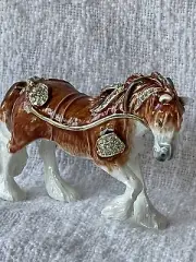 Jeweled Thoroughbred Brown Trinket Box Hand Painted Enamel Swarovski Crystal