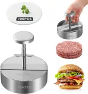 Burger Press Patty Maker with 100-Sheet Baking Paper, Stainless Steel Grill Burg