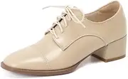 [TinaCus] Women's Genuine Leather Handmade Classic Square Toe Lace Up Low Stacked Heel Retro Oxford Pumps Shoes