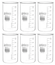 Eisco Labs 600ml Beakers, Tall Form, No Spout - Borosilicate Glass - 6 Pack