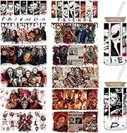 12 Sheets Halloween UV DTF Cup Wraps for 16 OZ, Scary Movie Characters Rub on Transfers for Crafts, Halloween Transfer Stickers for Glass Cups, Horror UV DTF Decals, Waterproof Cup Wraps for DIY Craft