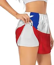 [HTTUP] Flag of Chile Print Exercise Gym Workout Shorts Women's Athletic Shorts Dual-Layered Yoga Running Shorts, White, Large