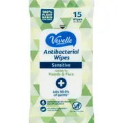 Vevelle Antibacterial Hand & Face Wipes Sensitive 15 pack