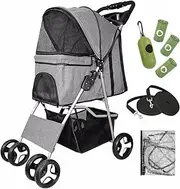 Folding Pet Stroller, Travel Pet Stroller with Storage Basket,Rain Cover and Cup Holder,4 Lockable Wheels Dog Cat Pushchair for Small Medium Pets .(Grey)