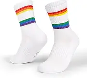 [Generic] Sweat Wicking Athletic Socks Cotton Tennis Socks Striped Crew Socks Sports Running Socks White L