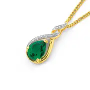 9ct Gold, Created Emerald & Diamond Pendant in Green